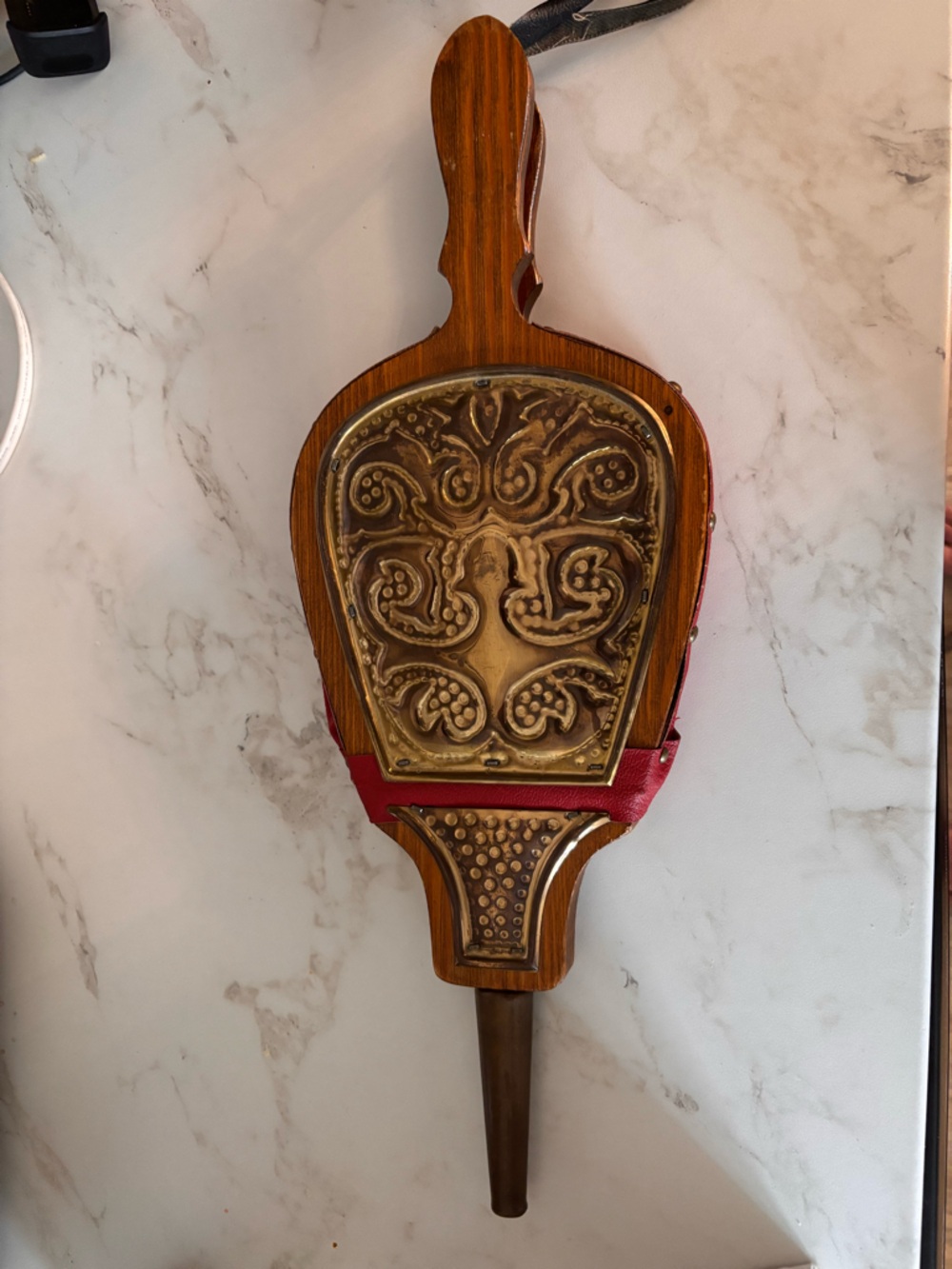 Vintage Decorative Wooden Bellows with Ornate Brass Panel